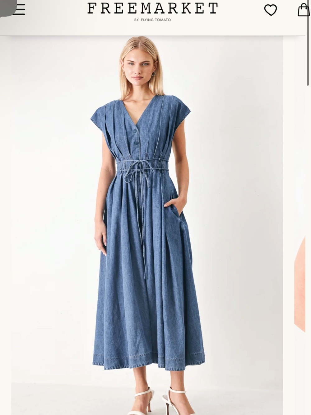 Denim Maxi Dress in Blue with Tie Waist